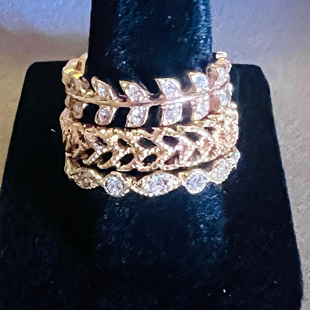 Gold Tone Leaf & Chain Multi-Band (3) Ring Clear White Crystal Prong Set Size 8